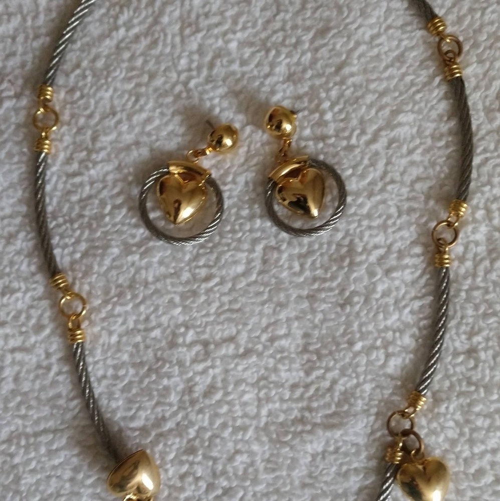 Gold and silver heart necklace and earrings
